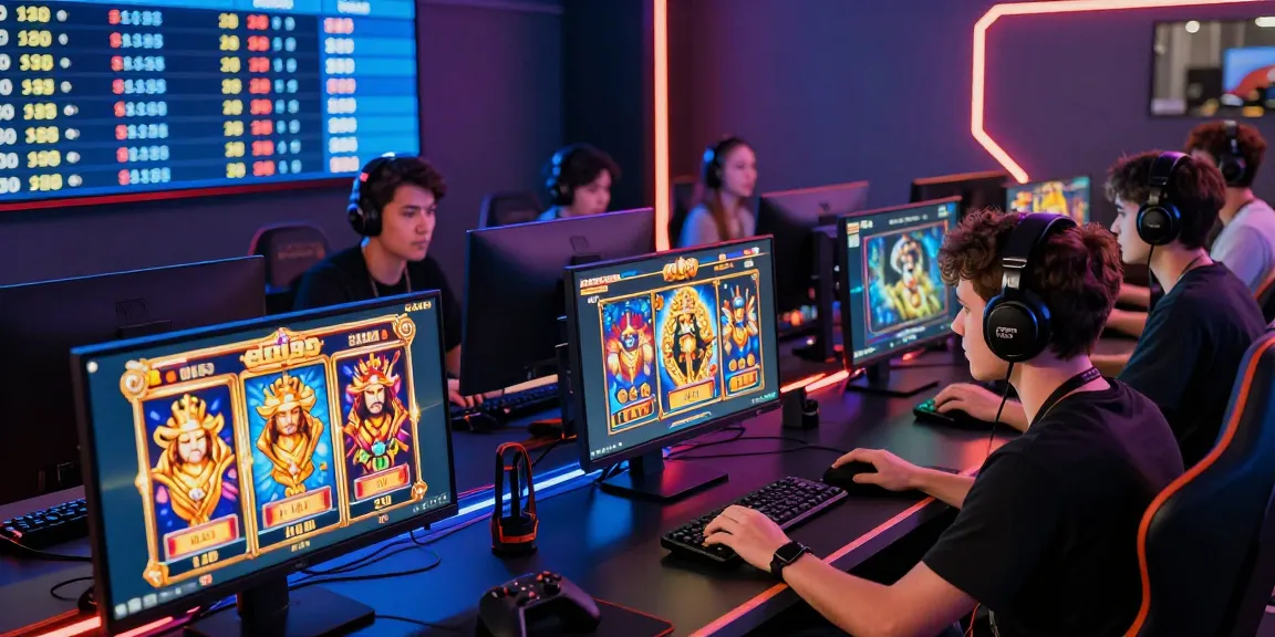 Engaging online gaming environment featuring players on situs raja slot games with vibrant screens and neon lighting.