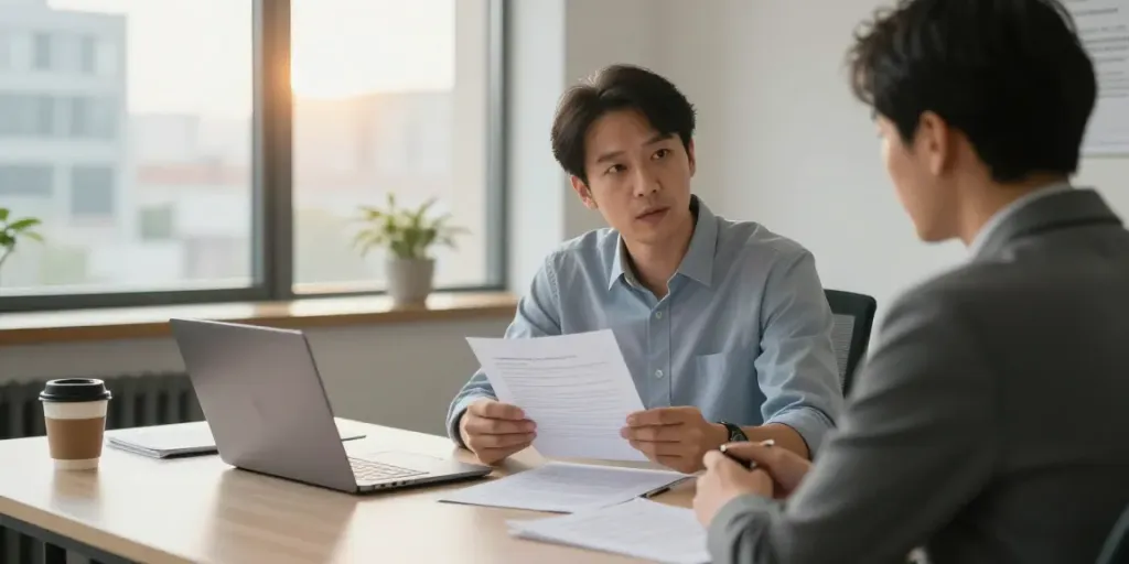 Beratungsszene zu MPU wegen Straftaten in einem professionellen Büro mit Experten und Klient.