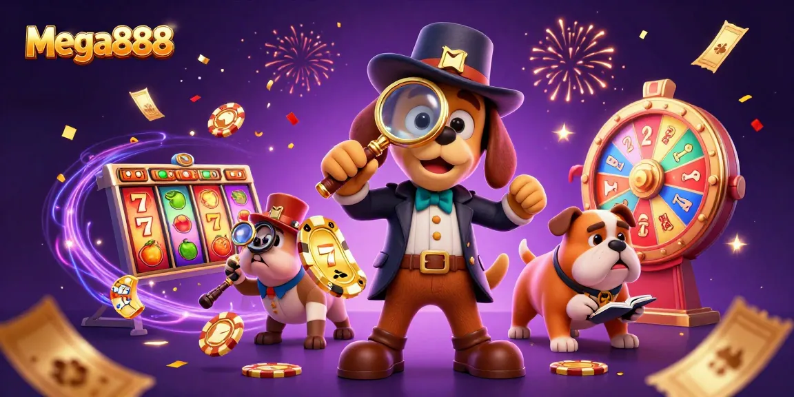 Experience mega888 action with a cartoon detective and dog uncovering poker chip treasures amidst slot reels.