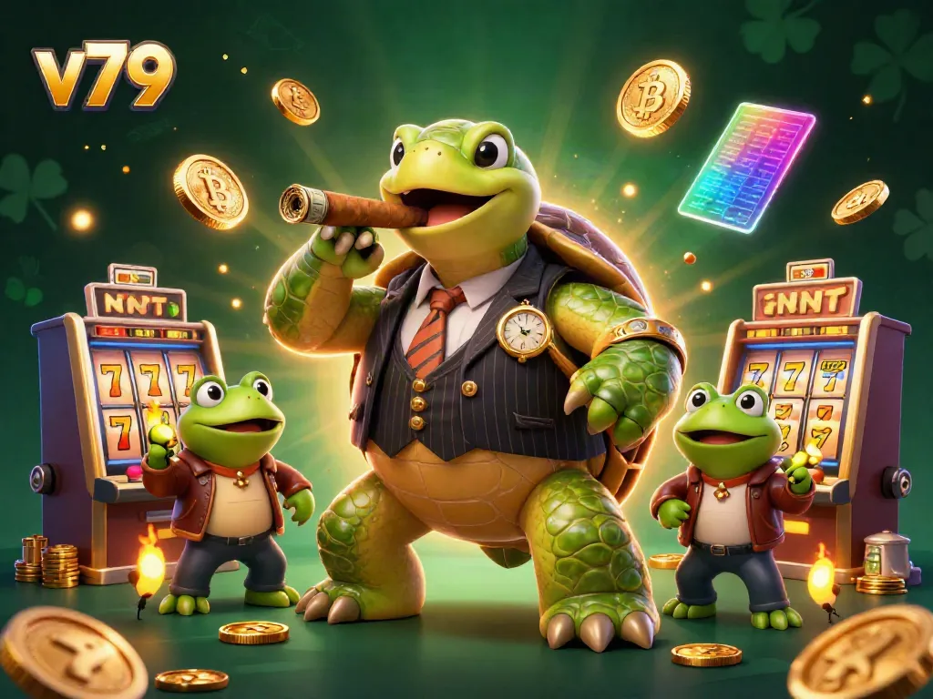 Experience the excitement of v79 gaming with a snapping turtle and bullfrog enforcers amid slot machines and jackpots.