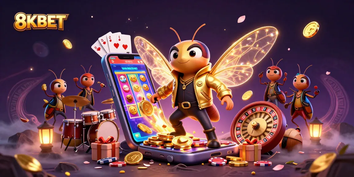 Engage with 8KBET's vibrant casino illustration showcasing a cicada rock star and gaming elements