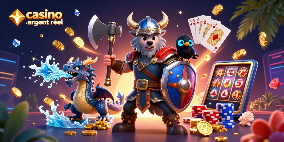 Plongez dans l'univers du casino en ligne argent réel avec un guerrier loup viking en action, des pièces d'or et des cartes gagnantes.