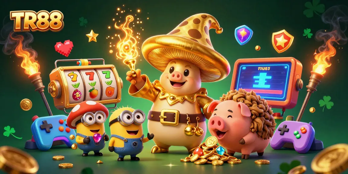 TR88 brings magic to the casino with a golden wizard and treasure-hunting pig in a vibrant, lit scene.