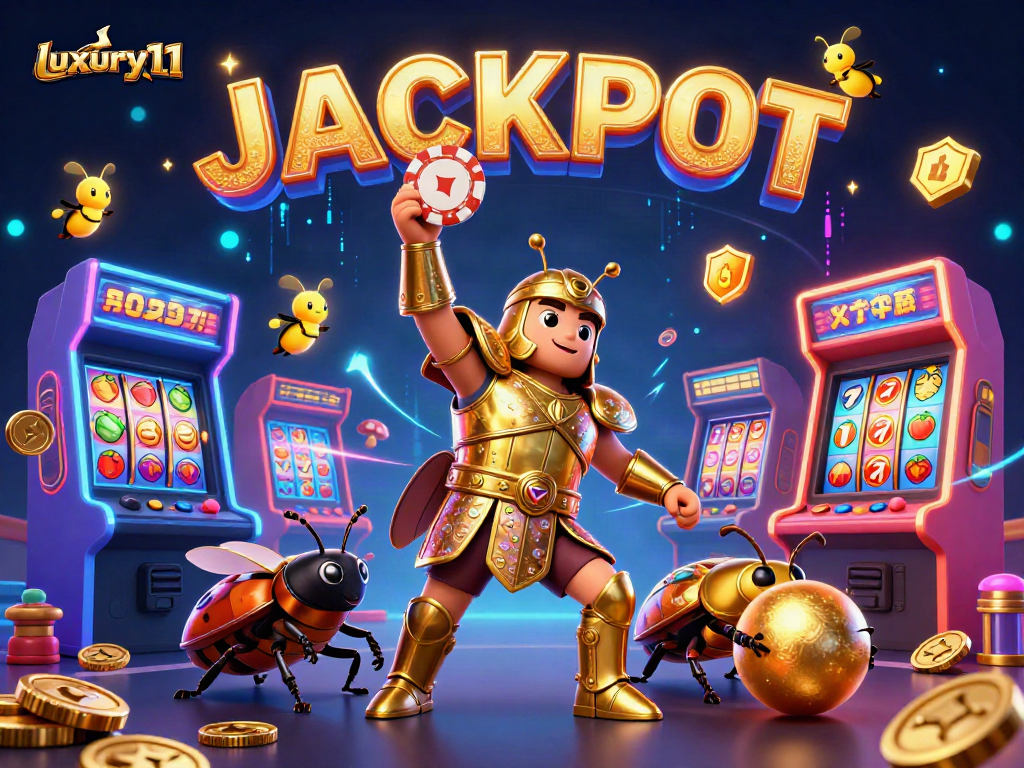 Experience luxury111 with a dynamic casino scene featuring a victorious beetle and vibrant gaming elements.