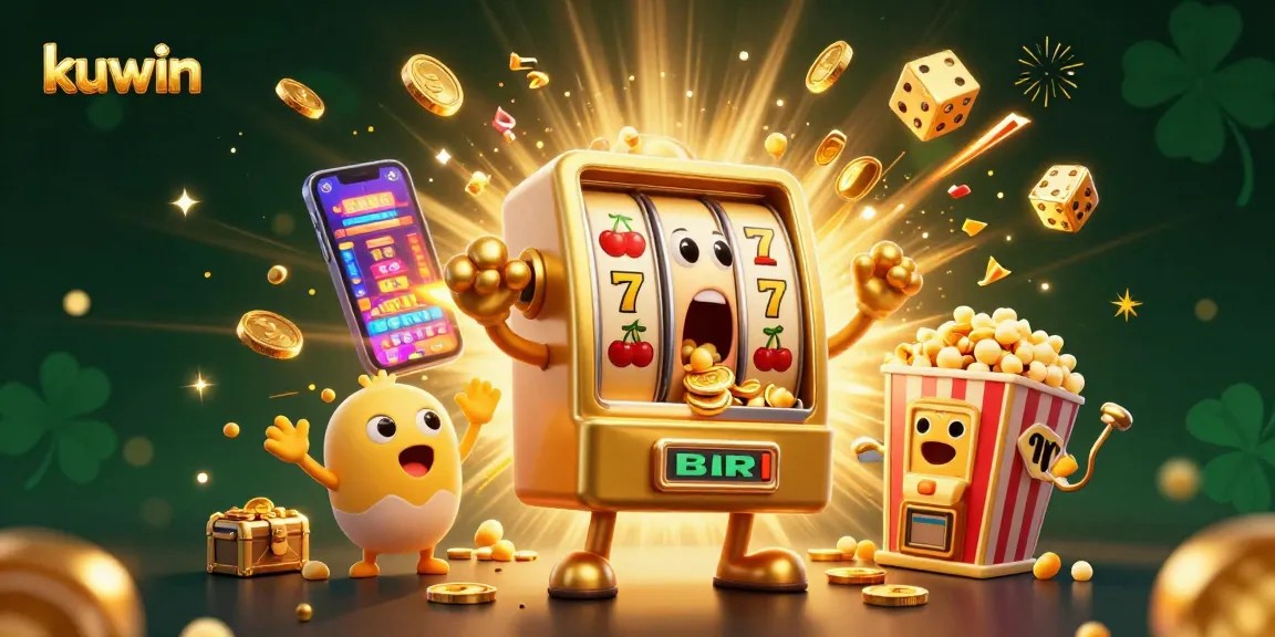 Kuwin's exciting casino illustration with a golden slot machine hitting a jackpot while baby slot machines cheer and coins scatter.