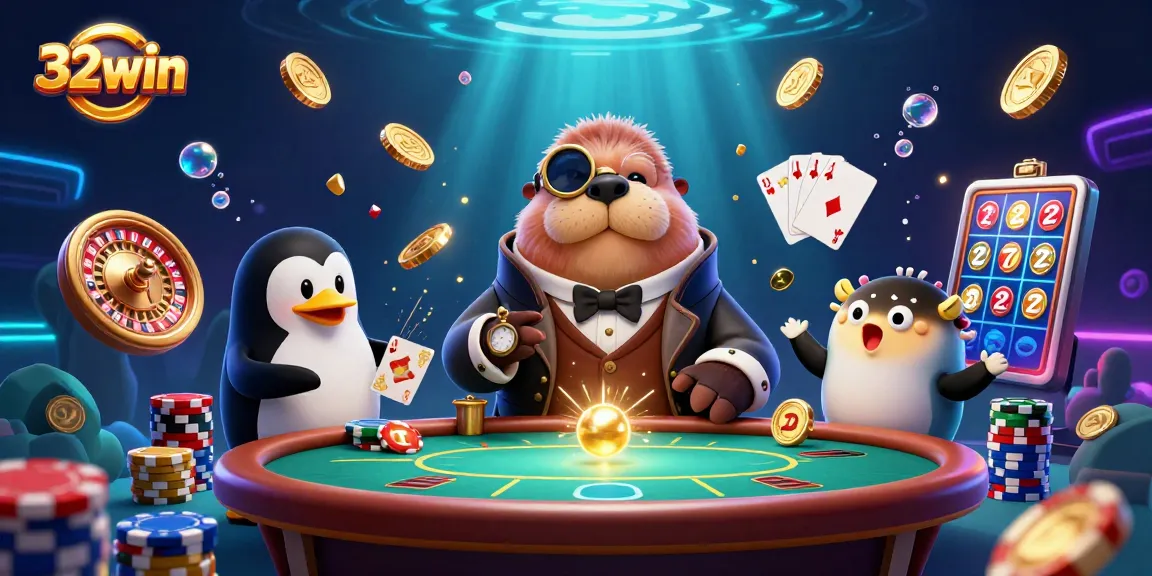 Win big at 32win with vibrant 3D underwater casino-themed illustration.