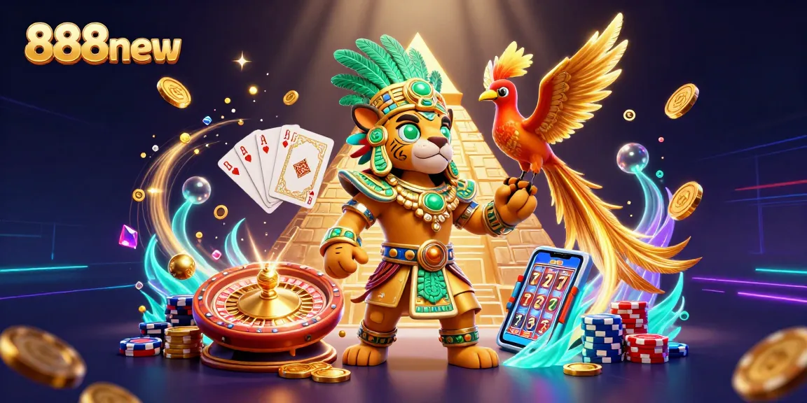 Experience the thrill of 888new's vibrant 3D casino scene with spinning roulette and golden treasures.