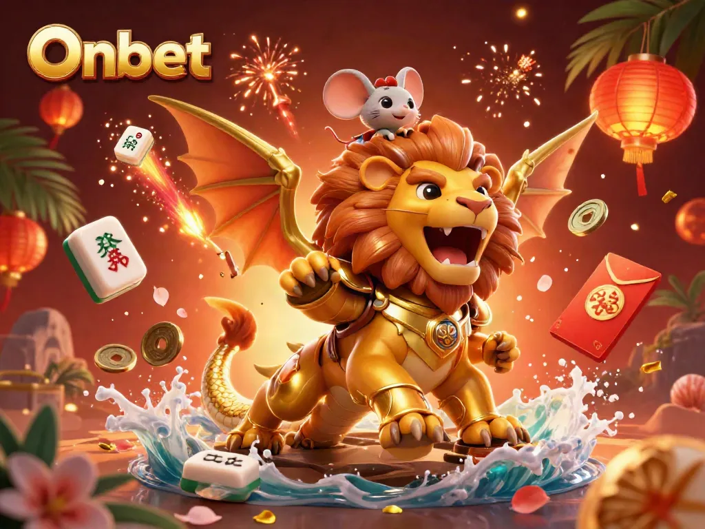 Experience thrilling wins at Onbet with a roaring chimera and vibrant casino elements in this vibrant illustration.
