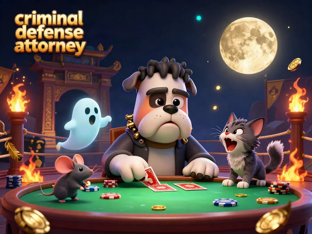 Explore a thrilling casino scene featuring a cartoon Frankenstein bulldog monster as a criminal defense attorney dealing cards.