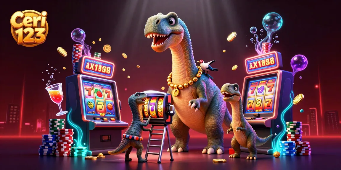 Ceri 123 showcases a vibrant 3D scene of a brontosaurus engaged in a thrilling slot game.