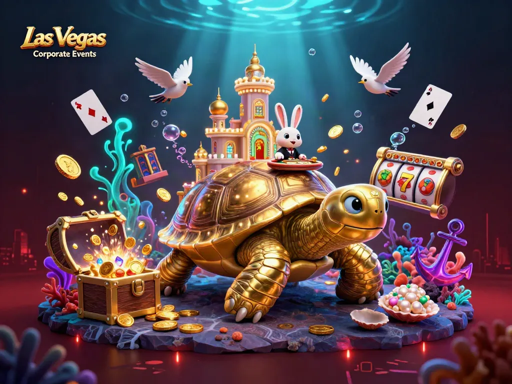Engage in thrilling Las Vegas Corporate Events with a vibrant 3D illustration showcasing a whimsical casino scene.