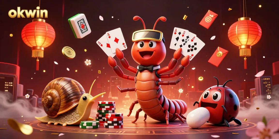 Experience excitement with okwin in a vibrant 3D casino scene featuring a unique millipede dealer amidst festive elements.