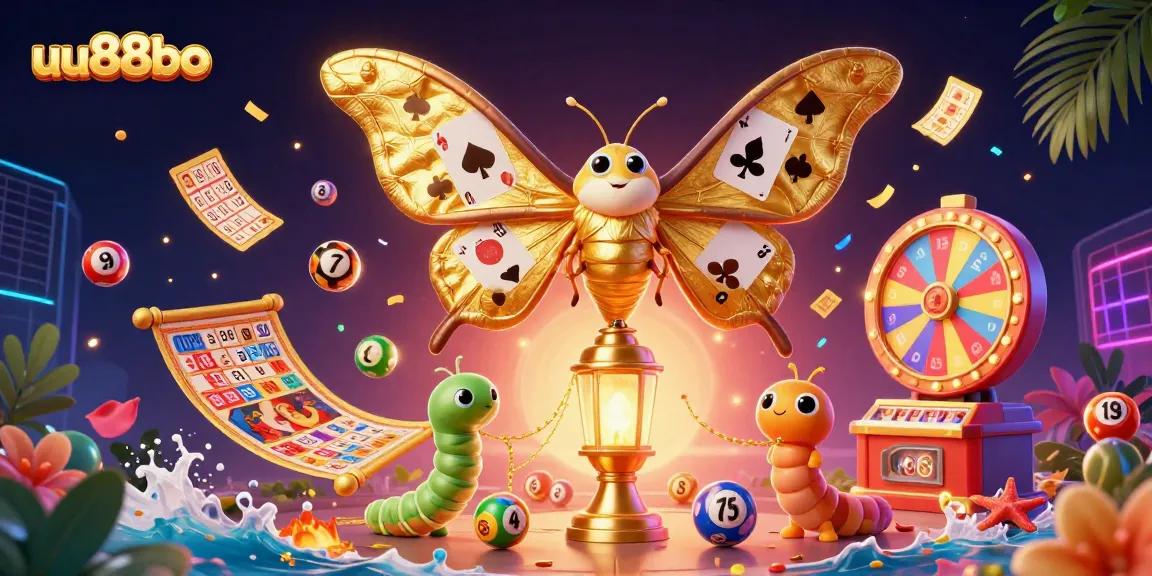 Experience excitement at uu88bo with a vibrant 3D illustration of a golden-winged moth amidst lively casino elements.