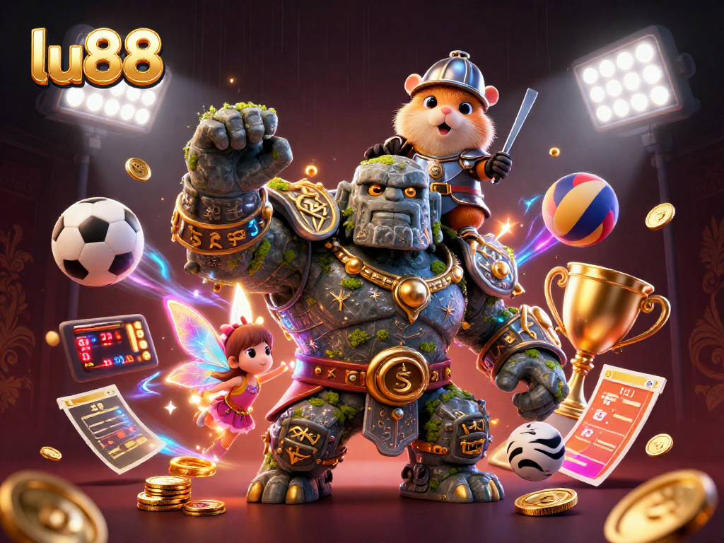 Experience big wins at lu88 with an enchanting scene of a magical golem, knight, and dynamic sports balls.