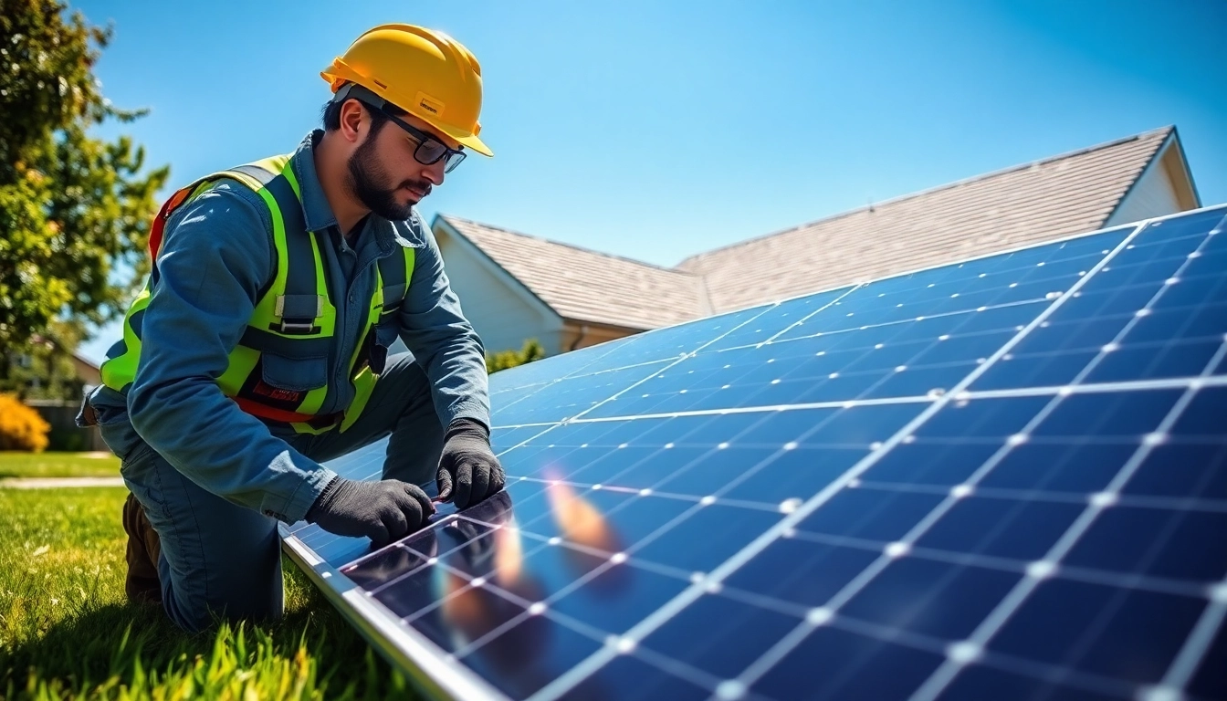 Find expert services from a solar repair company near me with a technician working on solar panels.
