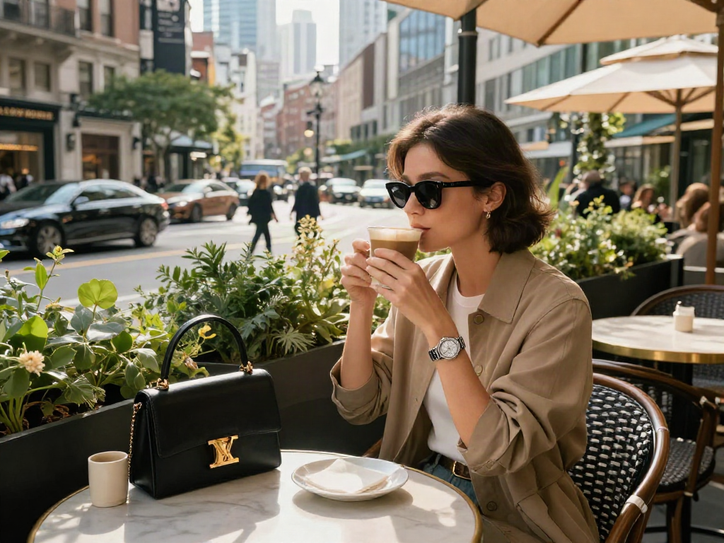 LUXURY111 gaya hidup mewah di kafe urban dengan pakaian berkelas dan aksesori elegan.