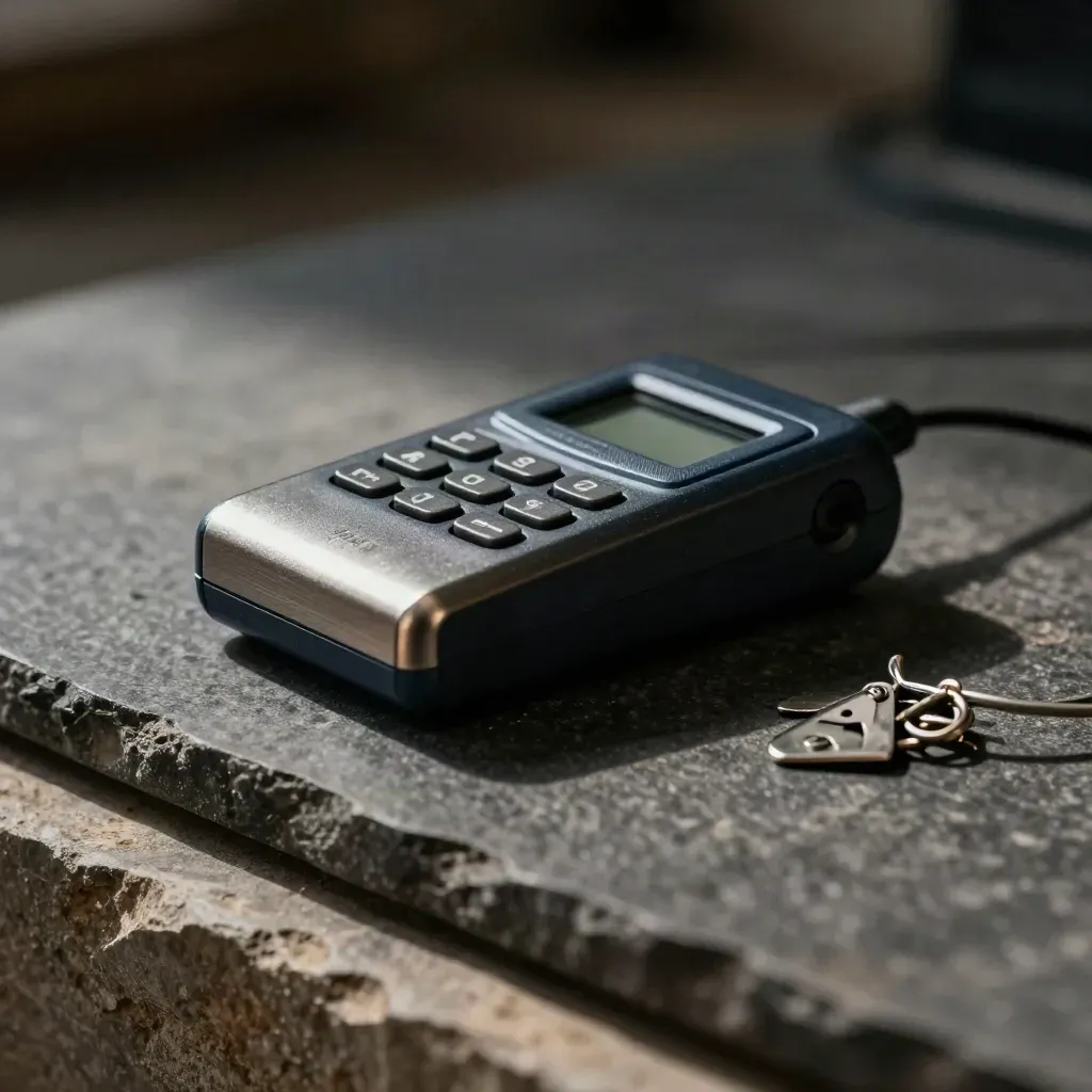 Pager, relay block and cable tags on dark stone under dramatic studio light
