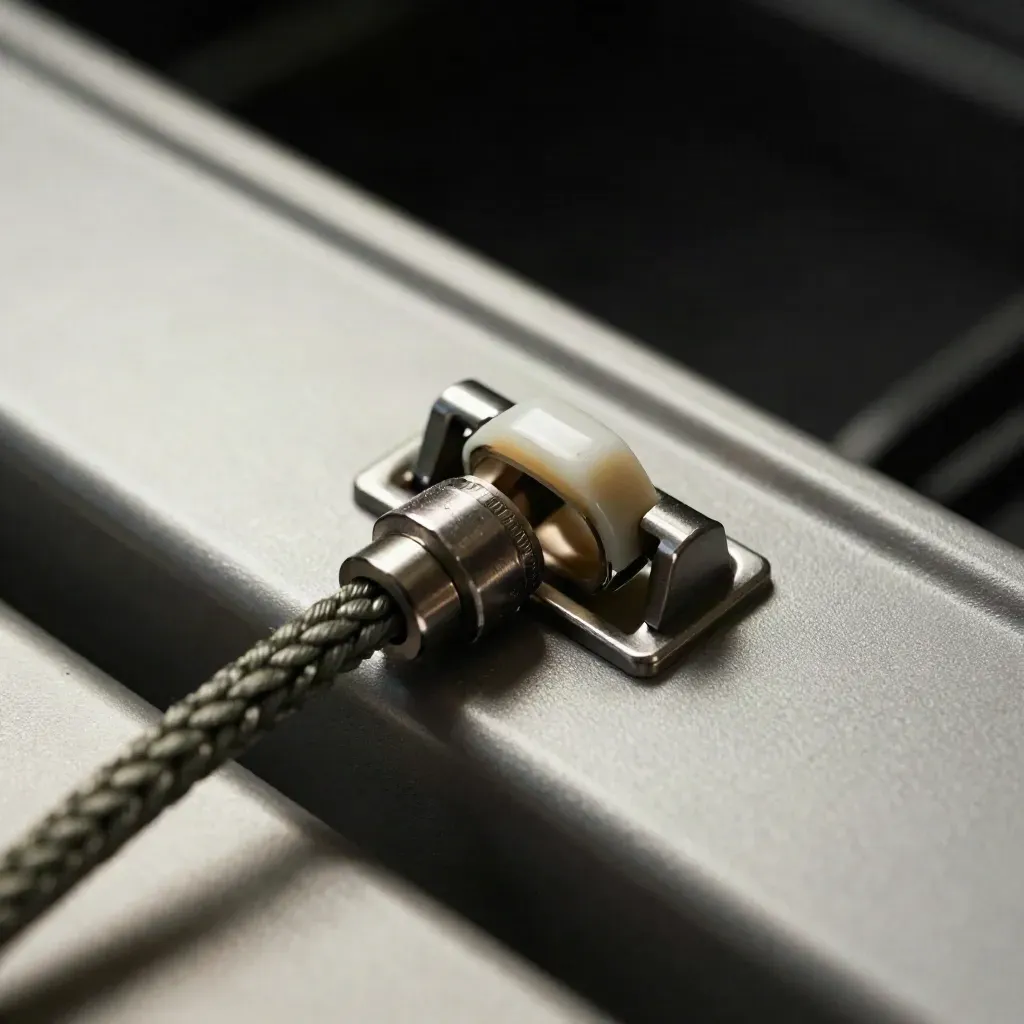 Macro of connector rings, braided network lead, and server-rail latch on a matte graphite rack tray