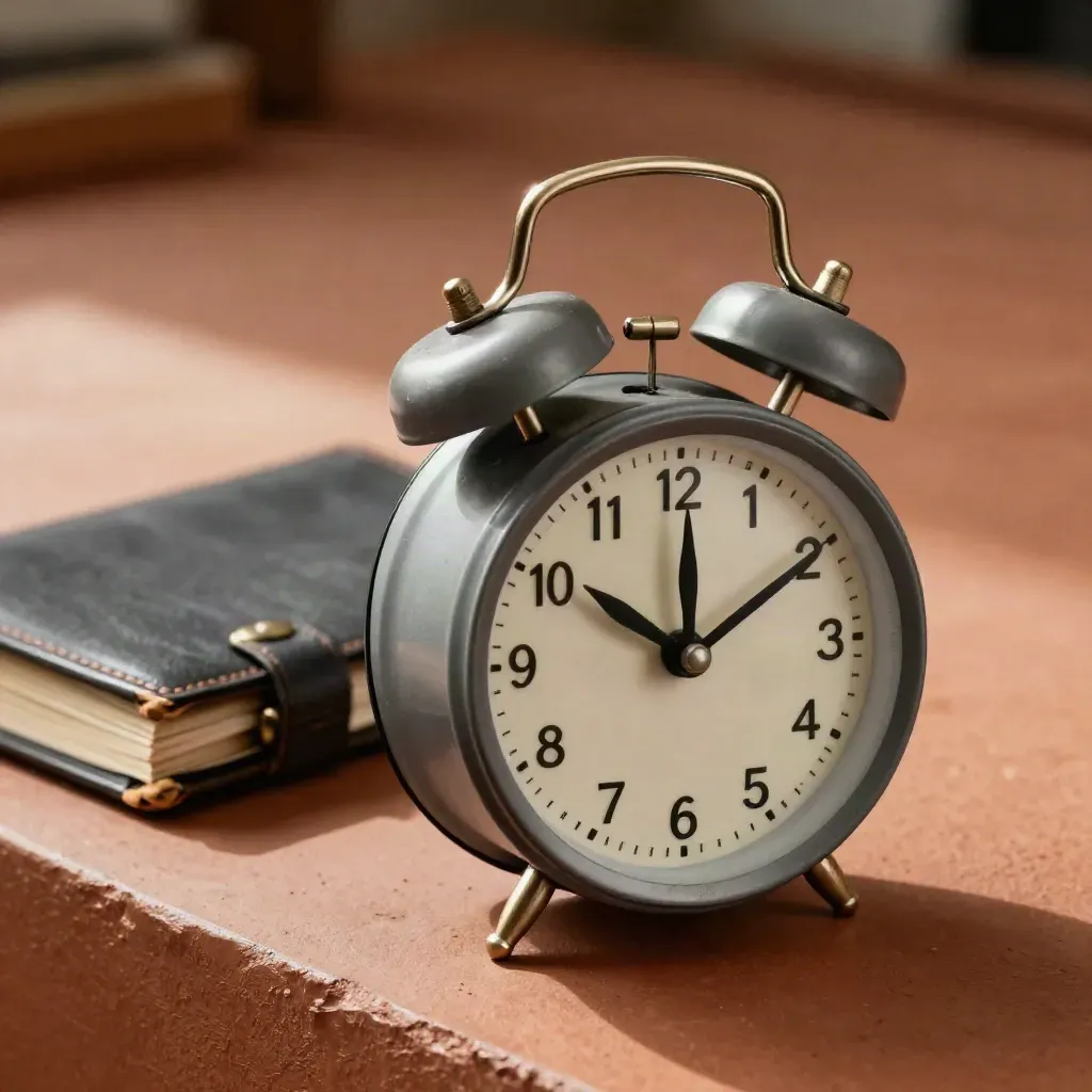 Brass alarm clock and closed ledger on terracotta ledge, softly lit in dark haze.