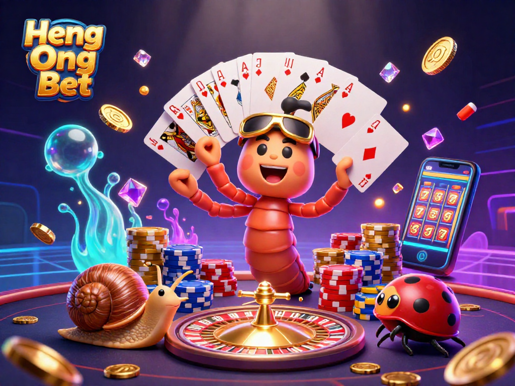 Engage with Heng Ong Bet's vibrant gaming scene featuring a millipede dealer, high roller, and stunning casino elements.