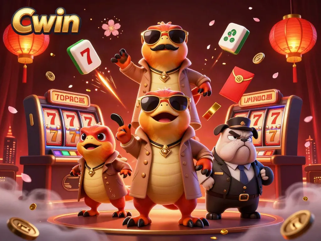 Three playful raptors disguise as a person at a casino entrance, showcasing Cwin's vibrant gaming atmosphere.
