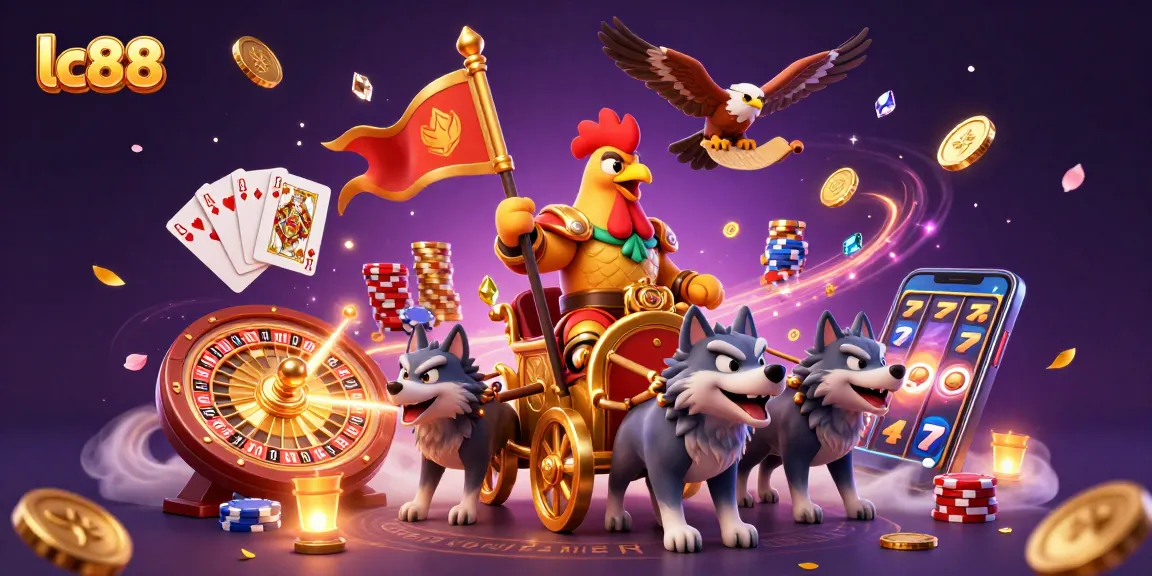 Experience winning moments at lc88 with a vibrant 3D casino illustration featuring dynamic gameplay elements.