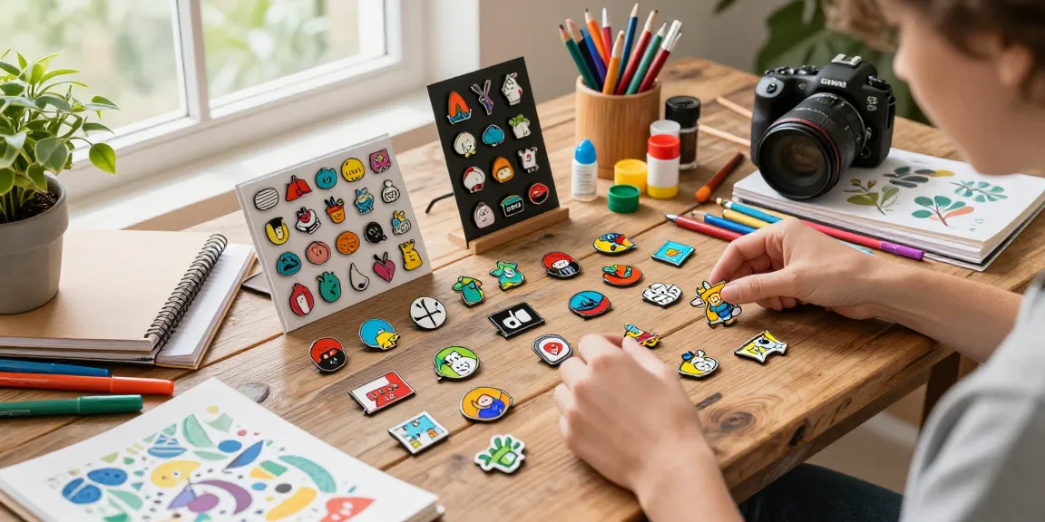 Custom enamel pins collection on a wooden table with vibrant designs and creative supplies.