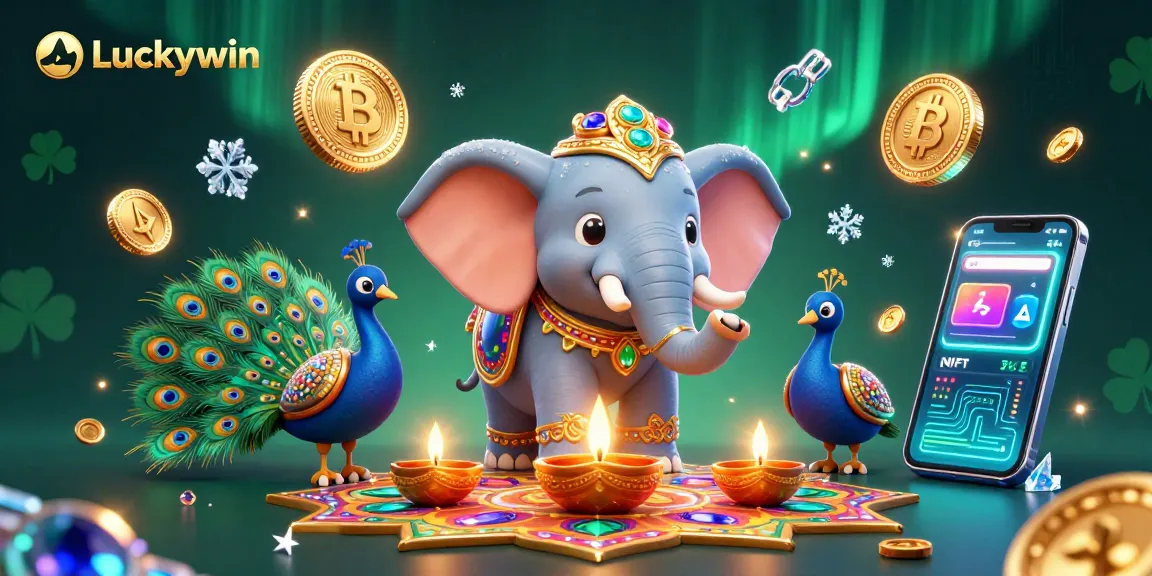 Experience thrilling gameplay at Luckywin with a vibrant 3D casino-themed illustration featuring crypto elements.