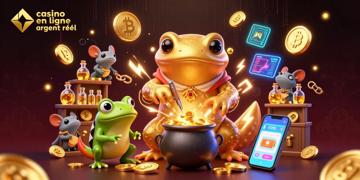 Jouez aux jeux de casino en ligne argent réel avec une illustration dynamique d'un alchimiste et des pièces en or.