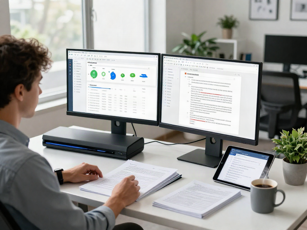 Professional analyzing documents for document fraud detection at a modern office.