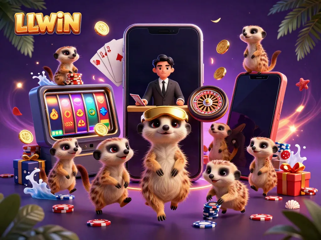 LLWIN meerkats operating a vibrant casino with slot games, chips, and festive decorations.