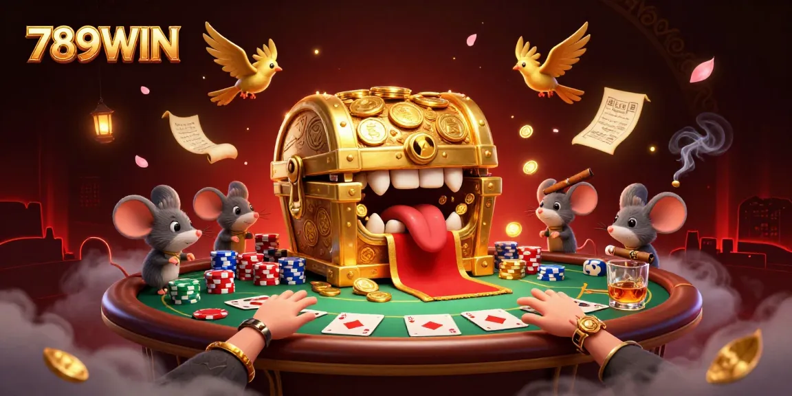 Engage with 789WIN's vibrant casino scene featuring treasure chests and poker action.