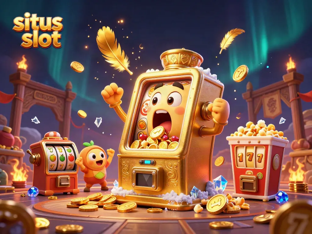 Experience excitement with the situs slot as golden coins pour from a lively slot machine celebrating a jackpot.