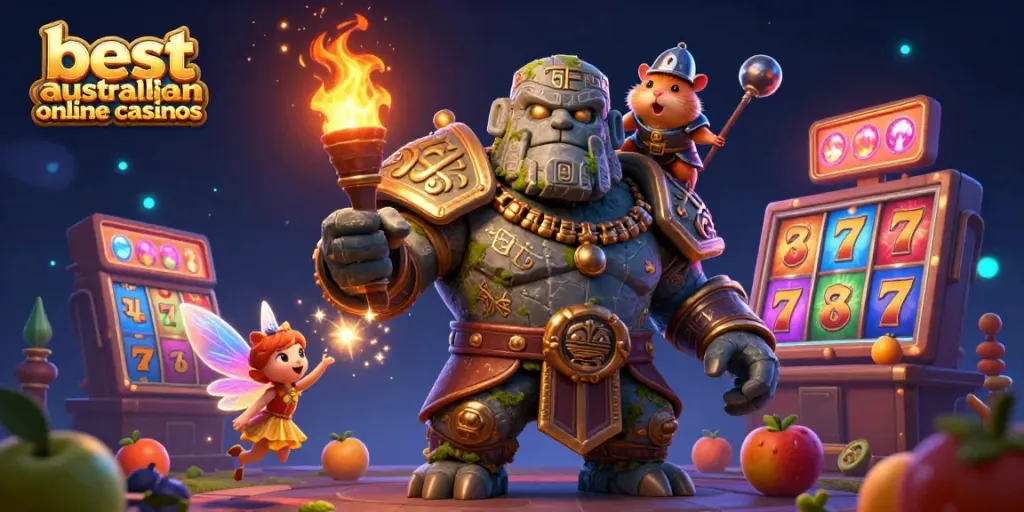 Experience the best Australian online casinos through a vibrant 3D fantasy scene with magical elements.