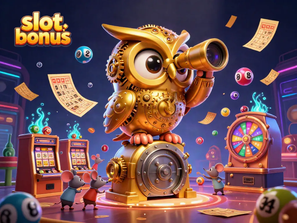 Catch thrilling slot bonus experiences with a golden owl overseeing an exciting casino floor, filled with animated elements.