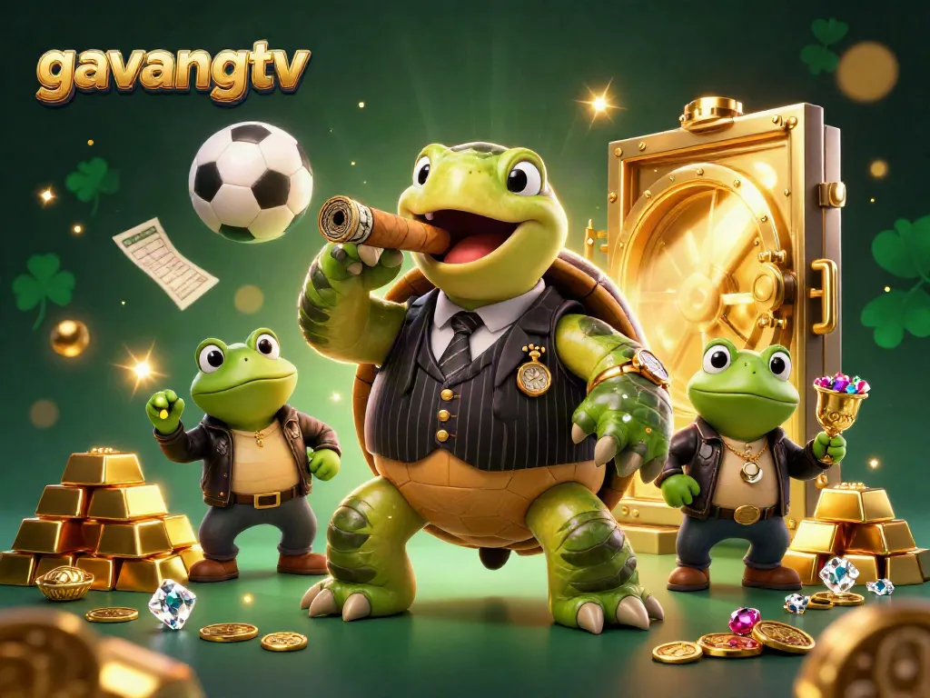 Experience thrilling sports betting with gavangtv as a massive turtle in a gangster suit leads the scene filled with gold.
