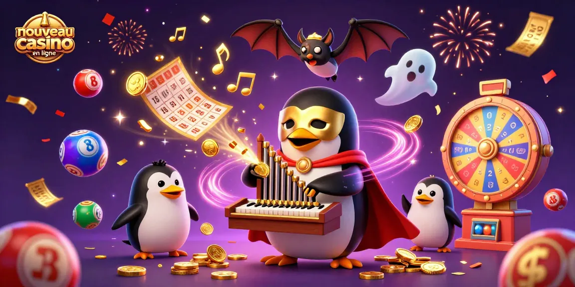 Visuel d'un nouveau casino en ligne avec un pingouin fantôme en train de jouer un orgue, projetant des pièces d'or.
