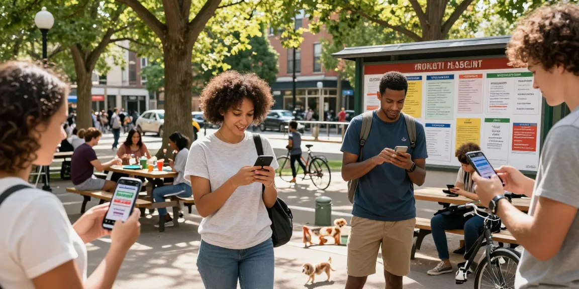 People using BedPersonal for local classifieds in a vibrant urban park.
