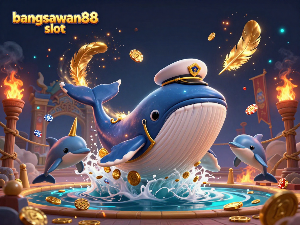 Experience the excitement of bangsawan88 slot with a vibrant 3D illustration featuring a whale, narwhal, and dolphins.