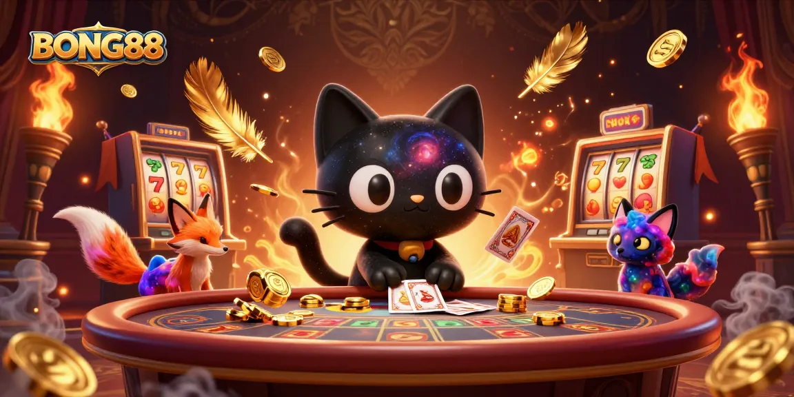 BONG88 showcases a cosmic casino scene with enchanting characters, captivating golden chips, and vibrant game elements.