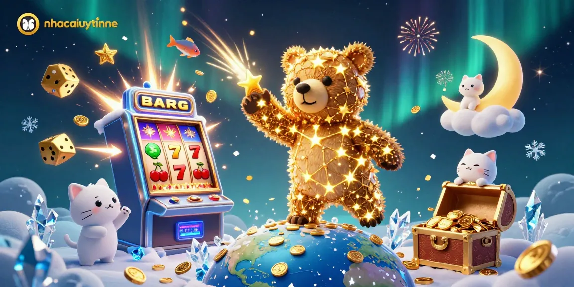 Experience the thrill of nhacaiuytinne with vibrant casino-themed illustration featuring stars, slots, and treasures.