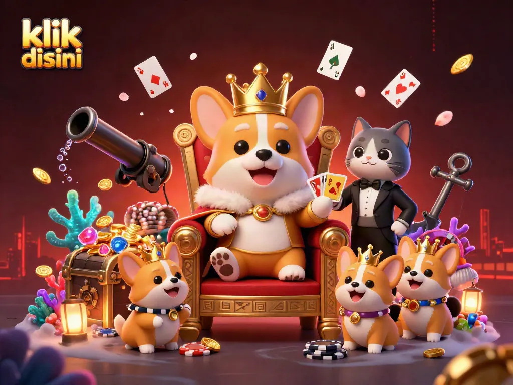 Engage with the vibrant scene of klik disini featuring a royal corgi in a casino setting, where luck is abundant.