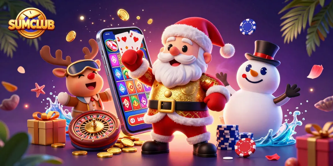 Experience the thrills of SUMCLUB with Santa and friends enjoying jackpot slots at a vibrant casino.