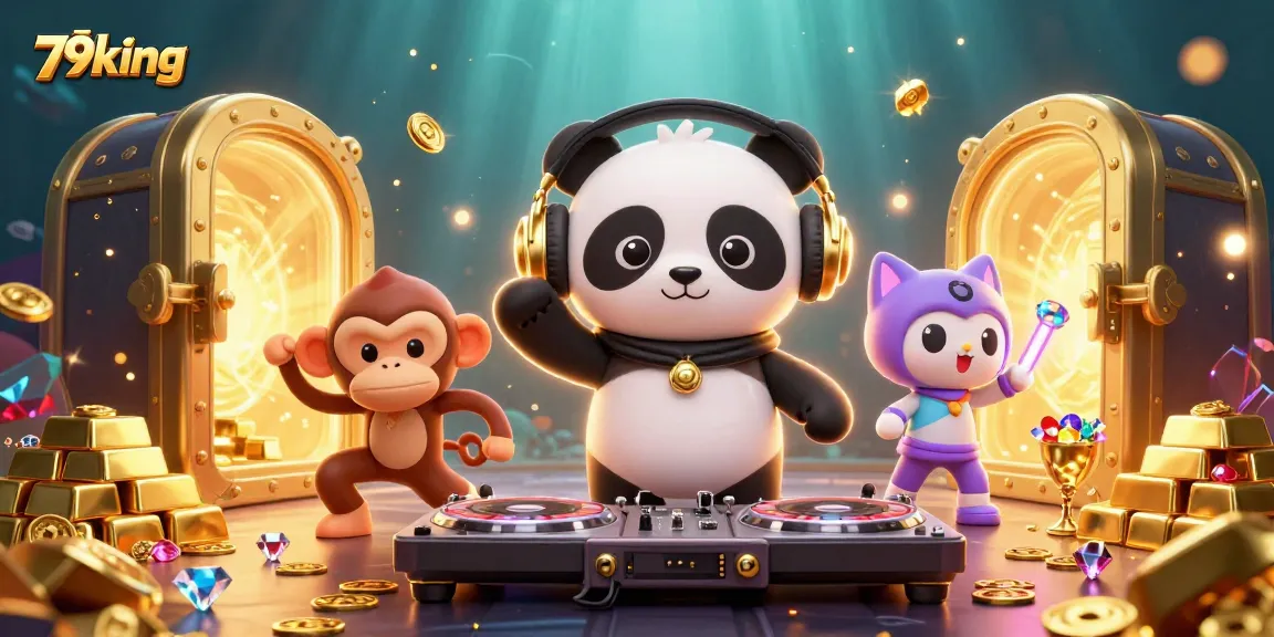 Experience the thrill of gaming with 79king as DJ panda spins, flaunting treasures like gold and gems.