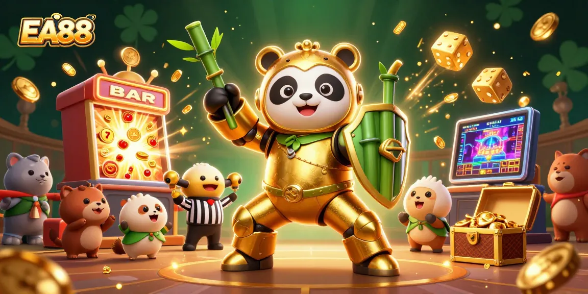 EA88 casino excitement with a golden panda mech suit and dynamic slot machine explosion.