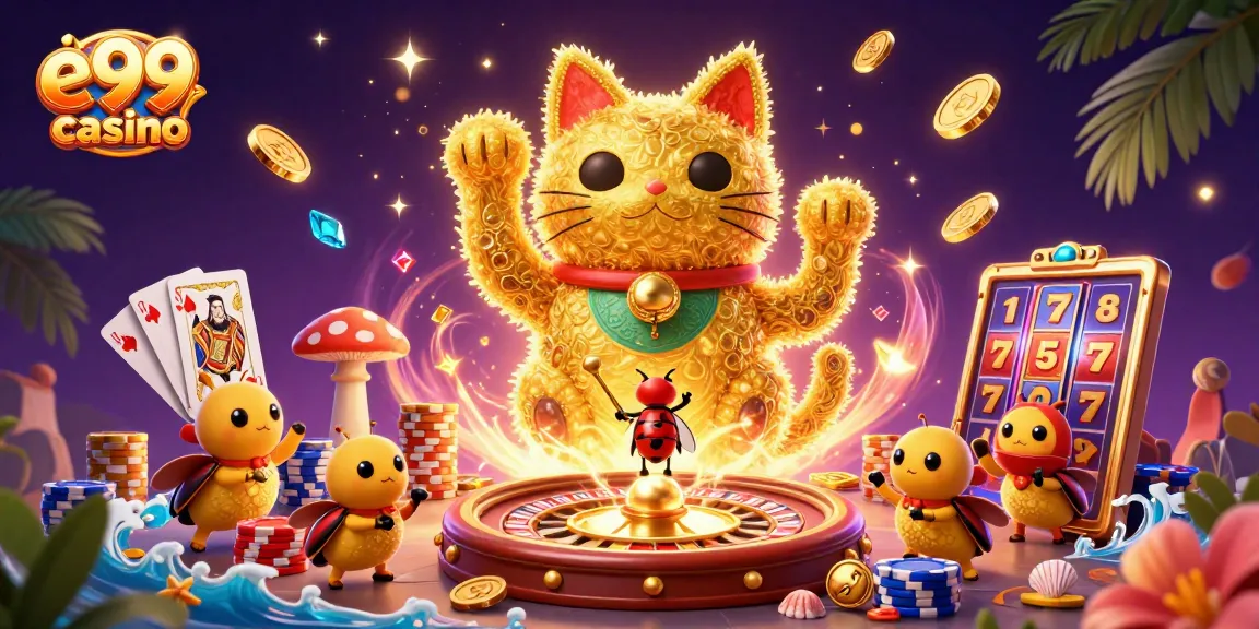 Join the fun at e99 casino with a vibrant 3D scene of lucky symbols and sparkling gems!