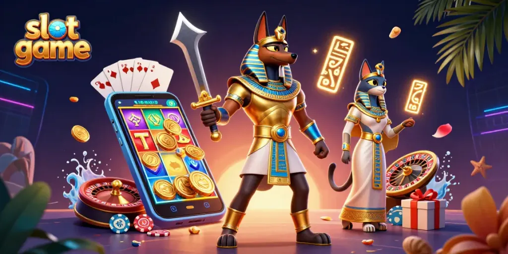 Experience thrilling slot game action with an ancient Egyptian theme featuring Anubis and Bastet.