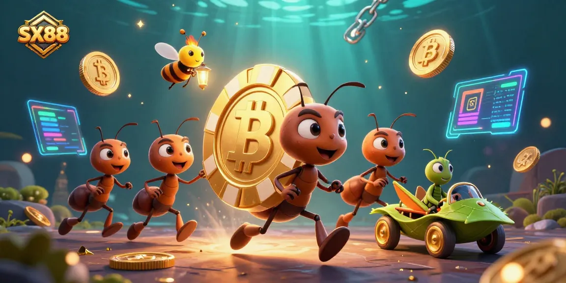 Experience exciting gameplay with SX88 as ants engineer a heist, showcasing poker chips and crypto elements.