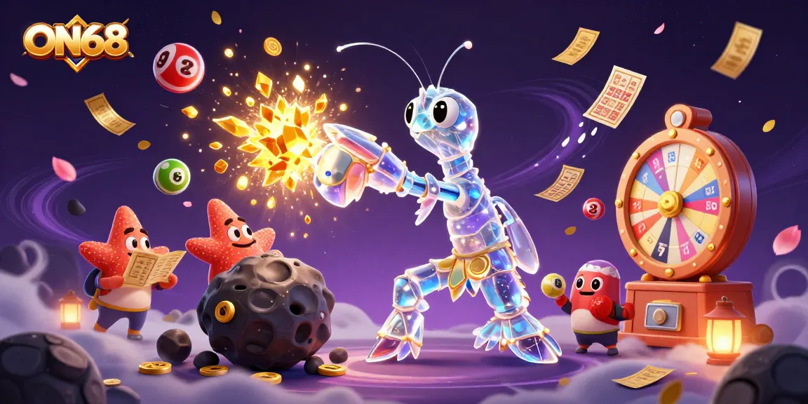 Join the adventure at ON68 with a galactic samurai mantis shrimp amidst vibrant casino elements.