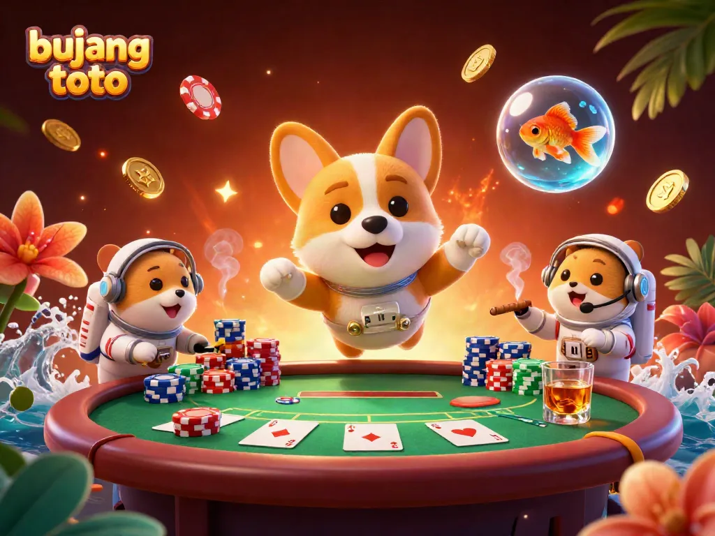 Experience the excitement of bujang toto with a cartoon astronaut corgi and vibrant casino elements.